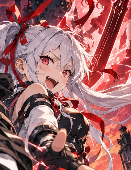 白銀髪・赤い瞳・赤いリボンの少女。正式キービジュアルより。